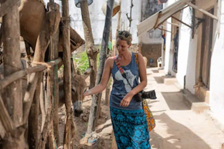 Me stroking a donkey in a narrow whitewashed lane in Lamu, Kenya