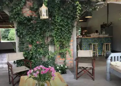 A charming outdoor seating area featuring wooden chairs, a table with a vibrant flower arrangement, and a backdrop of green ivy and brick wall, perfect for relaxing during a safari trip.