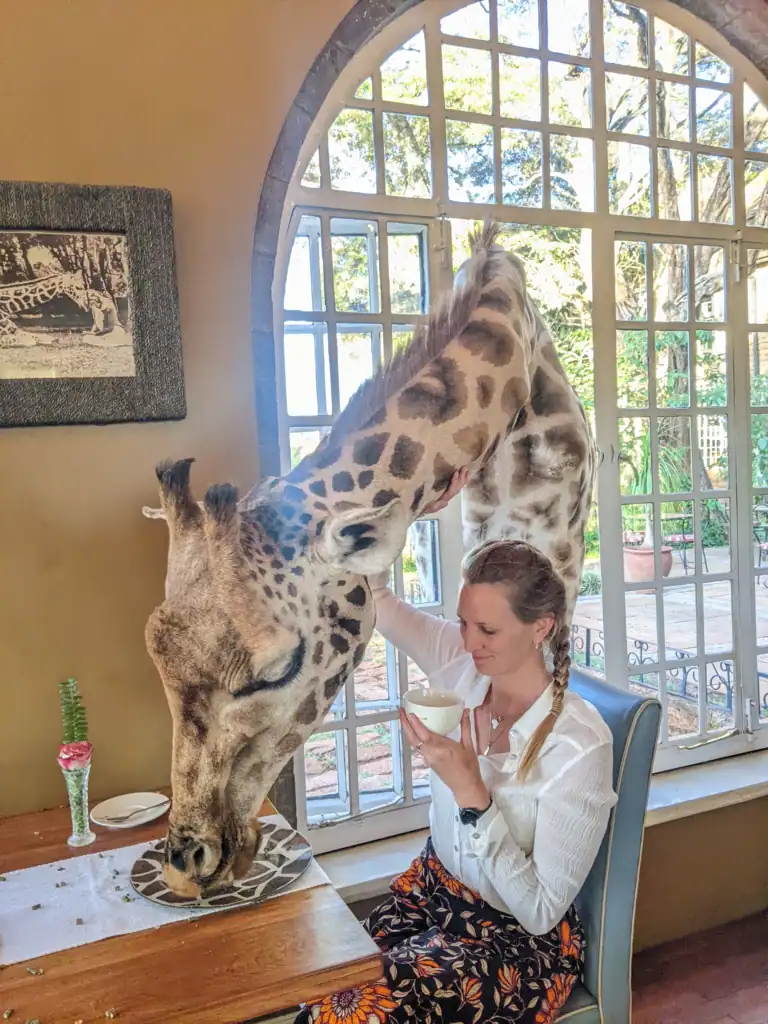 Me having breakfast with a giraffe at the window, Giraffe Manor